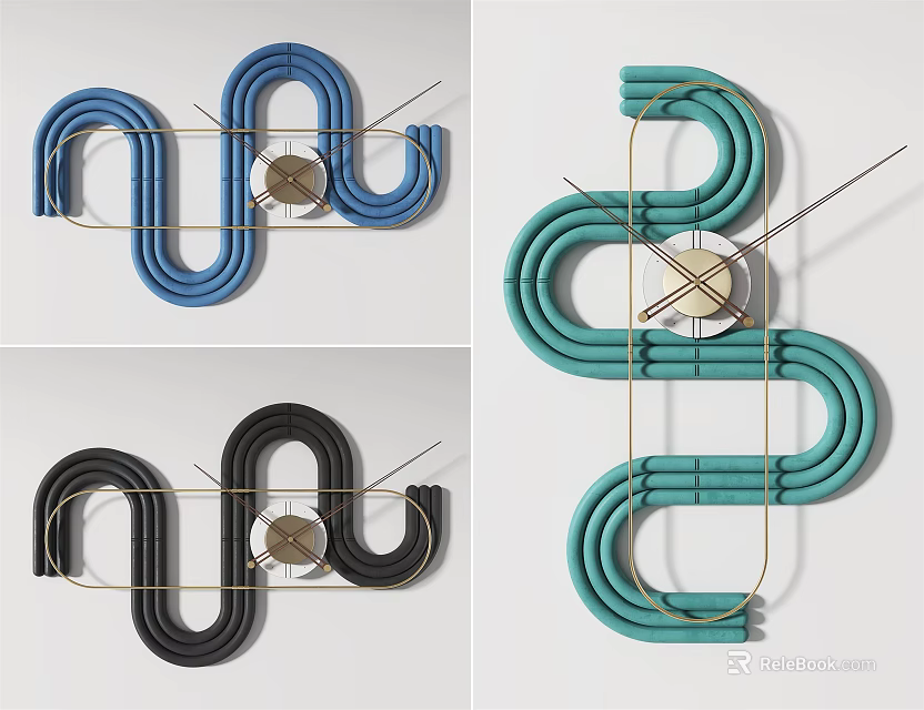 Modern Designed Clocks Curved Tubular Shapes Blue Black Teal Round Dials 3d model 