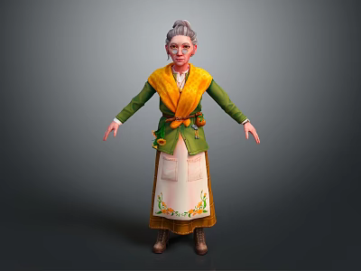 Elderly woman in green top yellow scarf white floral apron with arms outstretched 3d model