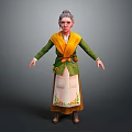 Elderly woman in green top yellow scarf white floral apron with arms outstretched
