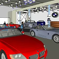 Car Showroom Display With Various Convertible Cars And BMW Logo Chandeliers