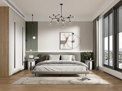 Modern Minimalist Bedroom With Gray Headboard Deer Art Chandelier Wooden Wardrobe And Rug 3d model