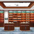 Elegant Specialty Store Interior with Wooden Walls Blue Billboard Reception Counter and Marble Floor