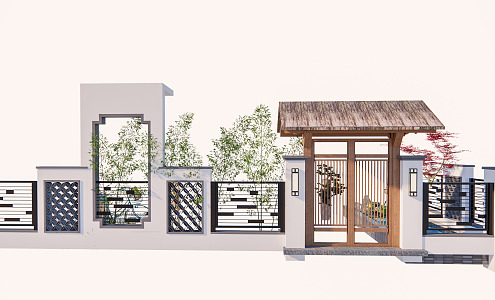 New Chinese Style Door View Wall Enclosed Wall Thatch Door Head View Wall 3d model