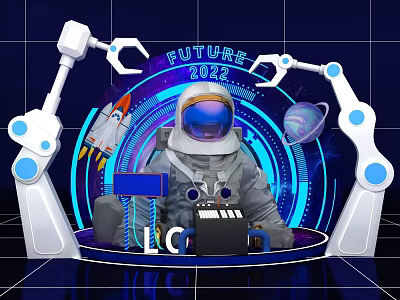Futuristic Photo Spot With Astronaut Robot Arms And Space Elements 3d model