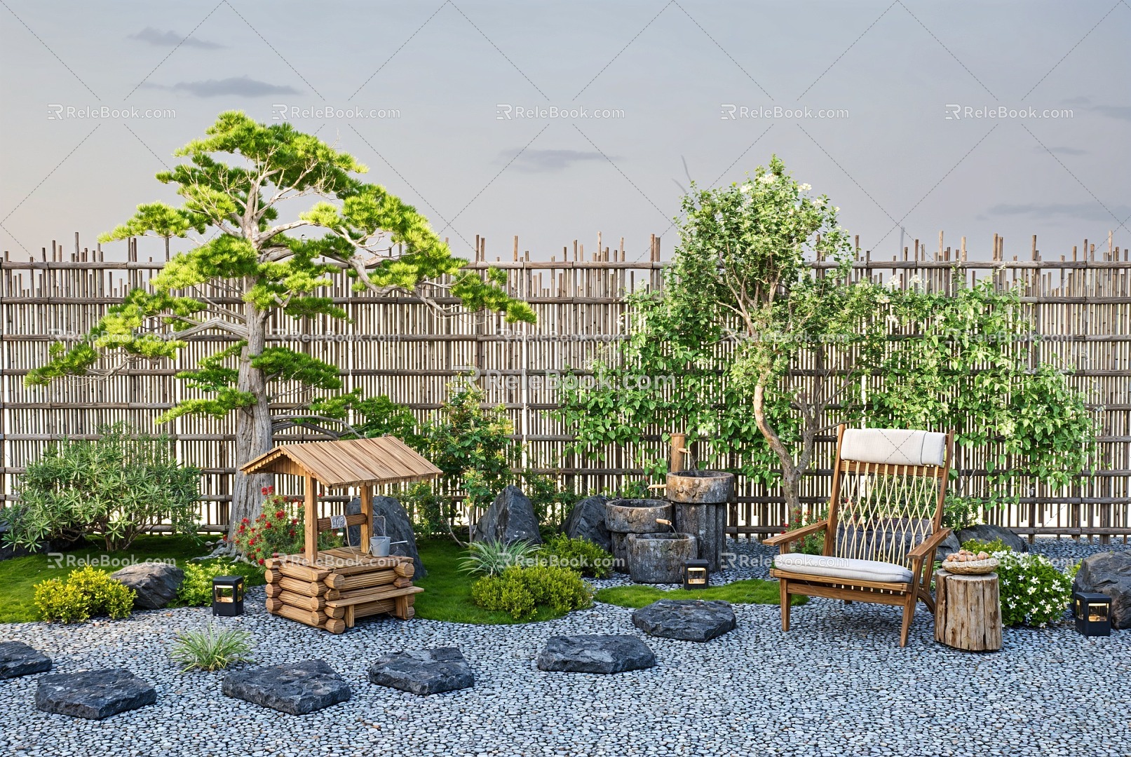 New Chinese Courtyard Landscape Sits Modeling Pine Ting Stone Head Micro Terrain Plant Shrub Water Poon model