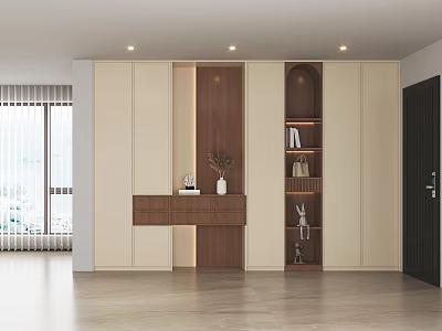 Modern Shoe Cabinet With Wooden And Light Colored Panels Drawers And Decorative Shelves 3d model