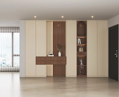 Modern Shoe Cabinet With Wooden And Light Colored Panels Drawers And Decorative Shelves 3d model