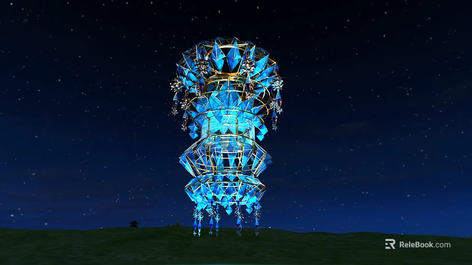 Illuminated Intricate Tower Structure Shining Under Starry Night Sky On Grass Field 3d model 