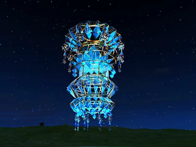 Illuminated Intricate Tower Structure Shining Under Starry Night Sky On Grass Field 3d model