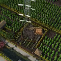 Scenic Rural Landscape With Vast Farmland Yellow Flower Fields Power Tower And Small Cottage