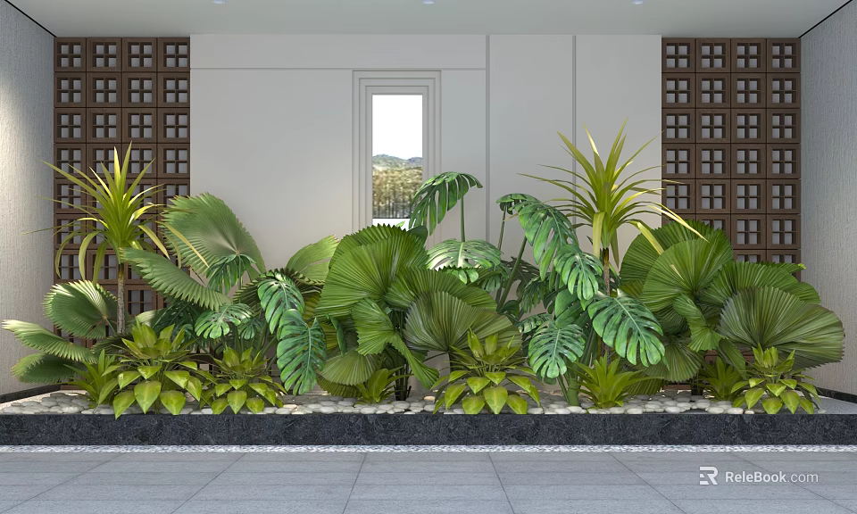 Lush Tropical Plant Combination With Large Leaves White Wall Wooden Lattice And Window 3d model 
