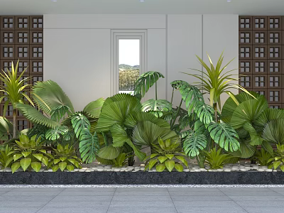 Lush Tropical Plant Combination With Large Leaves White Wall Wooden Lattice And Window 3d model