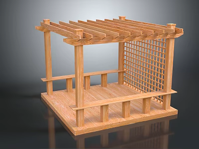Elegant Outdoor Wooden Pergola Structure with Lattice Design Platform and Support Posts 3d model