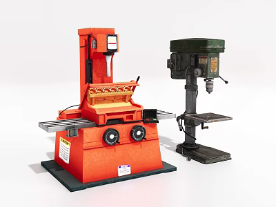 Industrial Equipment Including Orange Milling Machine And Green Drill Press With Workbenches 3d model