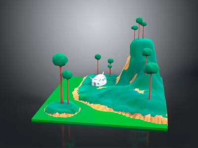 3D Rendered Landscape With Small White House Green Hills And Trees 3d model