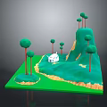 3D Rendered Landscape With Small White House Green Hills And Trees