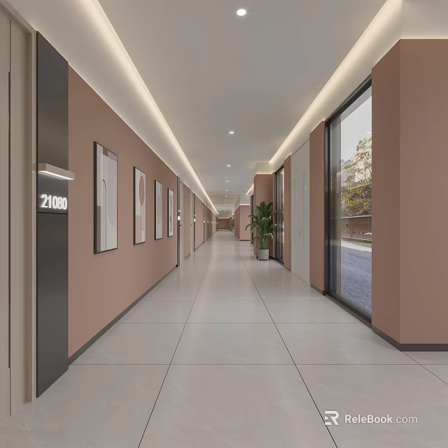 Elevator Hallway With Beige Walls Recessed Lighting Framed Artworks Potted Plant And Tile Floor 3d model 