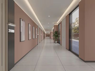 Elevator Hallway With Beige Walls Recessed Lighting Framed Artworks Potted Plant And Tile Floor 3d model