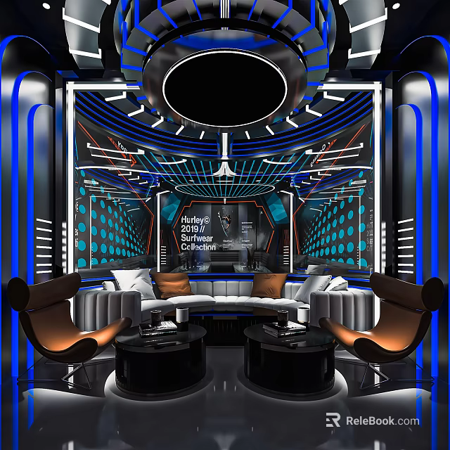 Modern KTV Interior Design With Neon Lights Sofa Seating And Stage Area 3d model 