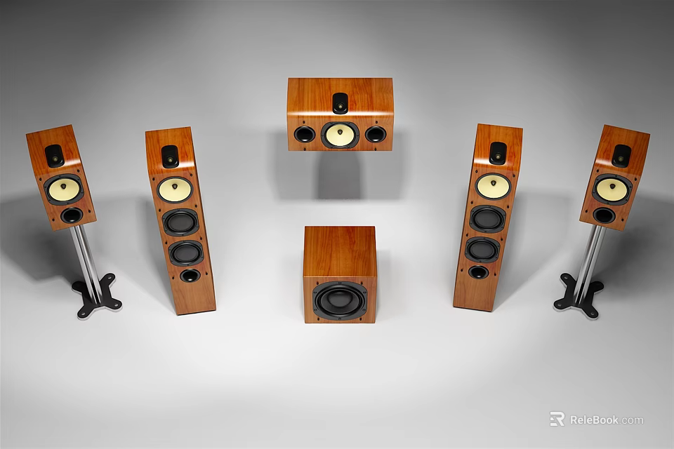 Wooden Home Audio Speaker System With Floor Standing Bookshelf And Subwoofer Units 3d model 