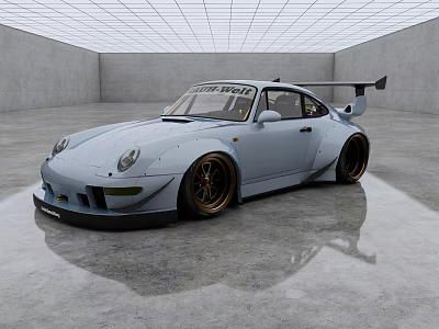 Light Blue Sports Car With Rear Spoiler And Golden Wheels In Empty Indoor Space 3d model