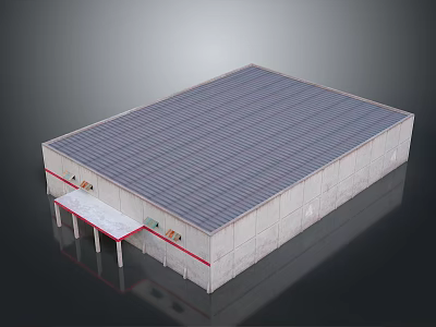 Industrial Warehouse Structure With Metal Roof Light Colored Walls Red Stripe Accents And Entrance Canopy 3d model
