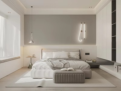 Modern Bedroom Interior With White Bed Bedding Pendant Light Wall Light Wardrobe And Soft Rug 3d model