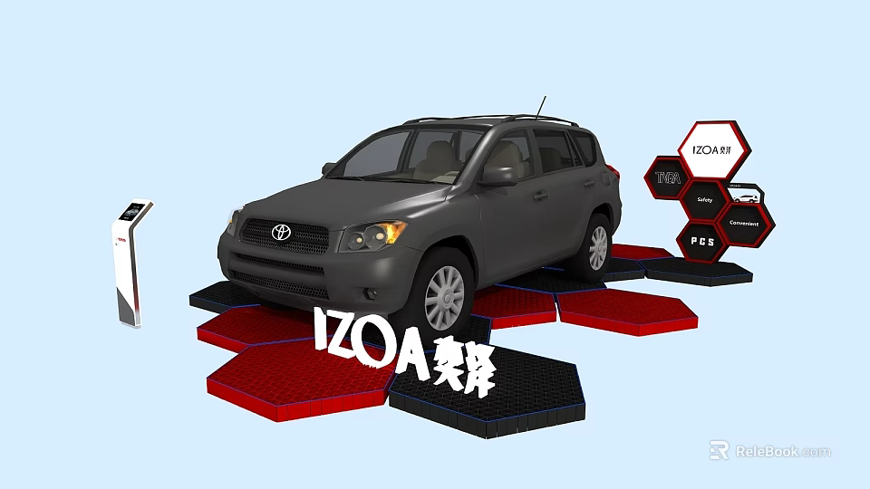 Red And Black Display Shelves With Gray Toyota IZOA Car Information Board And Hexagonal Signs 3d model 