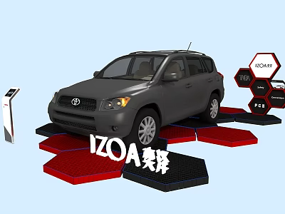 Red And Black Display Shelves With Gray Toyota IZOA Car Information Board And Hexagonal Signs 3d model