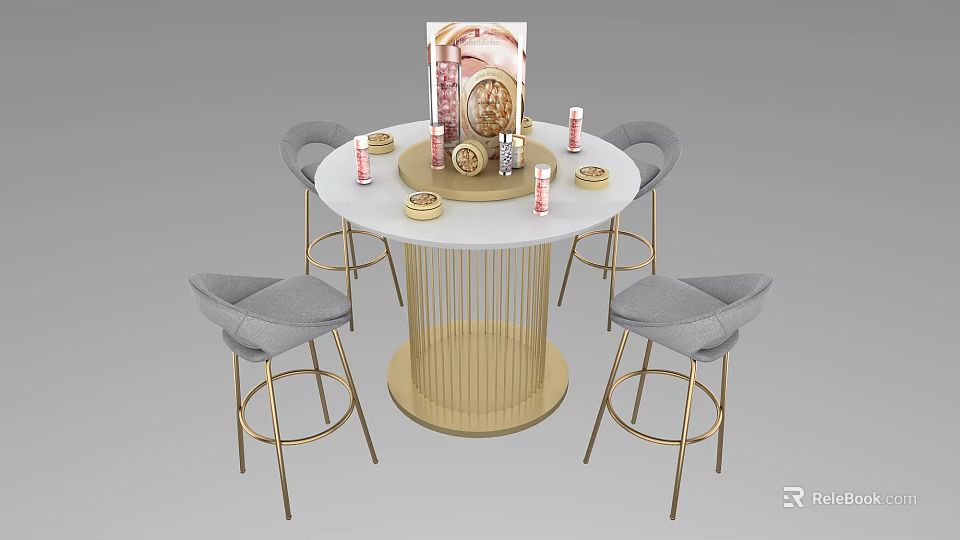Round Dressing Table With White Countertop Golden Legs Gray Bar Stools Cosmetics Candles Open Magazine 3d model 