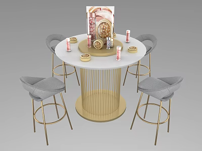 Round Dressing Table With White Countertop Golden Legs Gray Bar Stools Cosmetics Candles Open Magazine 3d model