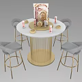 Round Dressing Table With White Countertop Golden Legs Gray Bar Stools Cosmetics Candles Open Magazine