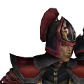 Game Movie Character In Red And Black Ornate Armor With Helmet And Weapon