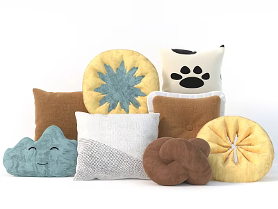 Colorful Decorative Pillows With Cloud Shaped Bear Paw Print And Floral Design Patterns 3d model