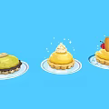 Three Different Decorated Dessert Tarts on Blue Background with Cartoon Style and Unique Toppings