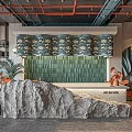 Modern Café Interior Featuring Green Plants Pendant Lights And Comfortable Seats Tables