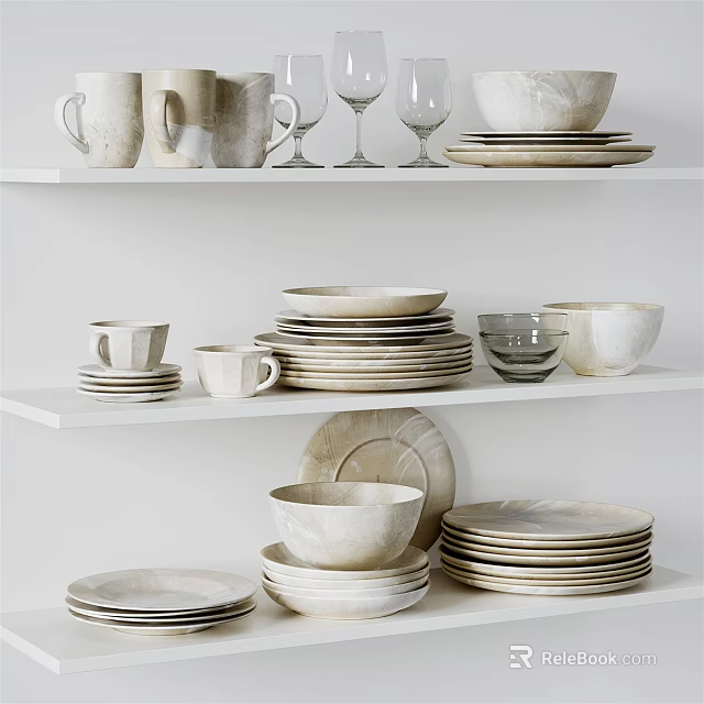 Modern Minimalist Ceramic Dinnerware Set With White Plates Bowls Mugs And Wine Glasses On Shelf 3d model 