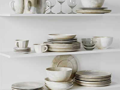 Modern Minimalist Ceramic Dinnerware Set With White Plates Bowls Mugs And Wine Glasses On Shelf 3d model