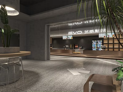 Modern EVO Cinema Lobby Interior With Plants Seating And Reception 3d model
