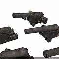 Vintage Historical Cannons With Bronze Black Barrels And Wooden Carriages