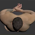 Shirtless Man Standing with Hands Behind Back in Gray Tight Pants on Gray Background