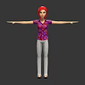Red Haired Female Character In Purple Patterned Shirt And White Pants With Arms Outstretched