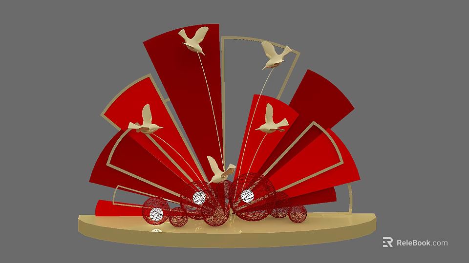 Red Fan Shaped Decorative Sculpture With Birds And Red Woven Balls On Golden Base 3d model 