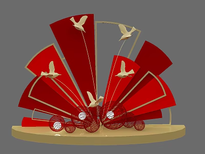 Red Fan Shaped Decorative Sculpture With Birds And Red Woven Balls On Golden Base 3d model