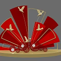 Red Fan Shaped Decorative Sculpture With Birds And Red Woven Balls On Golden Base