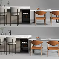 Modern Dining Table Set With Brown Chairs And Bar Counter Stools Design 3d model
