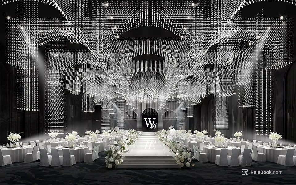 Luxurious Banquet Hall with Crystal Chandeliers Arched Design and White Floral Decorated Stage 3d model 