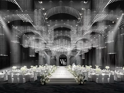 Luxurious Banquet Hall with Crystal Chandeliers Arched Design and White Floral Decorated Stage 3d model