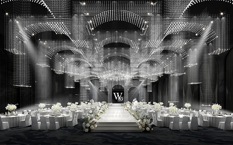 Modern wedding scene white crystal lamp theme wedding banquet hall 3d model