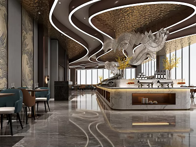 Modern Luxury Restaurant Interior With Open Layout Dragon Decoration And Marble Counter 3d model